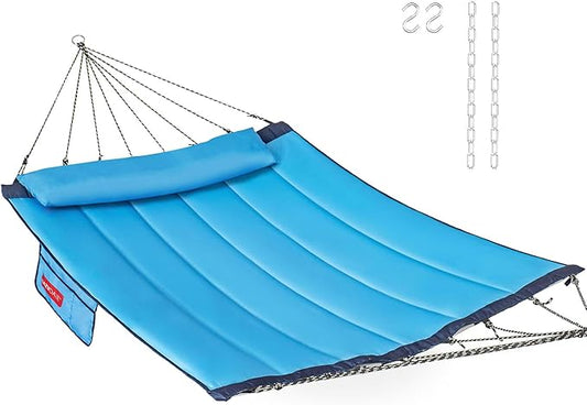 Lazy Daze Hammocks 12 FT Quilted Fabric Hammock with Curved Aluminium Spreader Bar, Outside Double Hammock with Soft Pillow, Side Pocket 450 Lbs Capacity for Patio, Poolside, Lake Blue