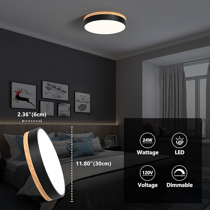 Modern Dimmable LED Close to Ceiling Light Minimalist Wood Oak Flush Mount Ceiling Light Fixture Circle Lighting for Bedroom Kitchen Bathroom Laundry Room (Black, 11.8'')