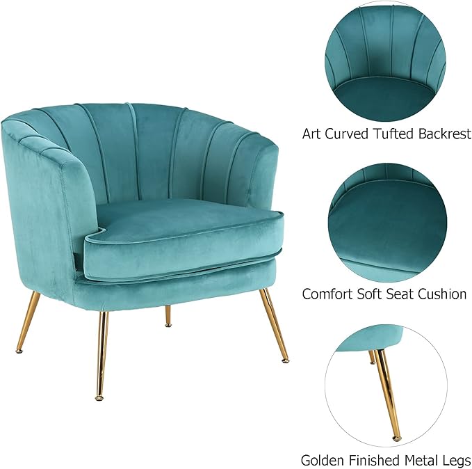 Velvet Barrel Accent Chair Comfy Club Armchair Modern Lounge Reading Chair with Gold Legs for Living Room/Bedroom, Dark Teal