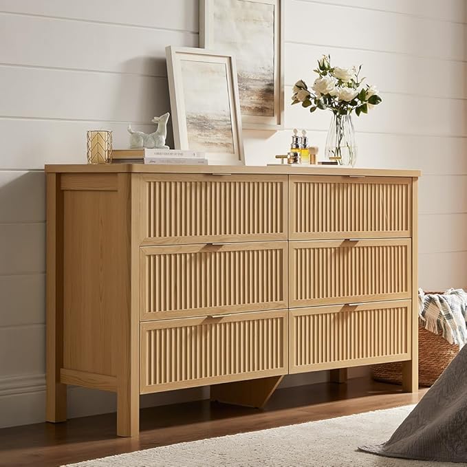 Fluted 6 Drawers Dresser for Bedroom, 55 Inch Wide Modern Wood Chest of Drawers, Mid Century Chests Drawer Clothing Organizer for Hallway (Natural Oak)