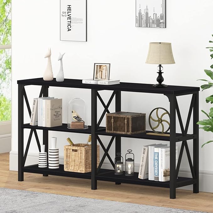 IBF Black Console Table, Modern Sofa Table Behind Couch, Industrial Entryway Table for Hallway Living Room, Farmhouse Wooden Metal Entry Table for Foyer with 3-Tier Storage Shelves, Black Oak, 55 Inch