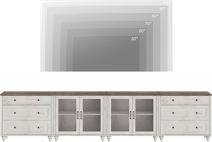 WAMPAT Modern TV Stand for TVs up to 110 inch, 4 in 1 Entertainment Center with Storage Cabinets and 4 Glass Door, Media Console with 6 Drawer Dresser for Living Room, Rustic White