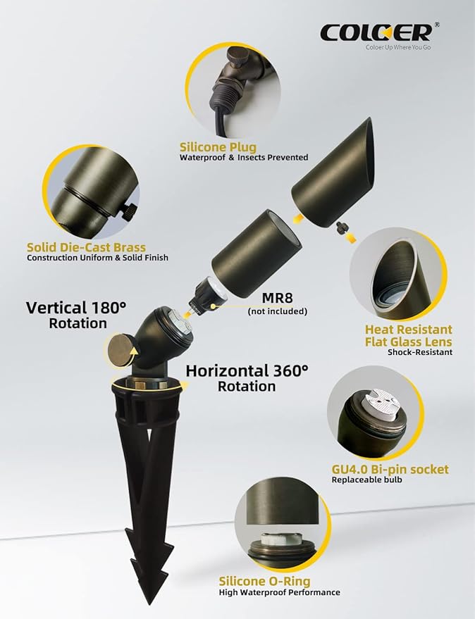 COLOER Mini Size Die-cast Brass Landscape SpotLights Outdoor,12Volt AC/DC Low Voltage Landscape Lighting,IP65 Waterproof Outdoor Adjustable Yard Spotlight with Stake(104B,Bronze,1-Pack Without Bulb)