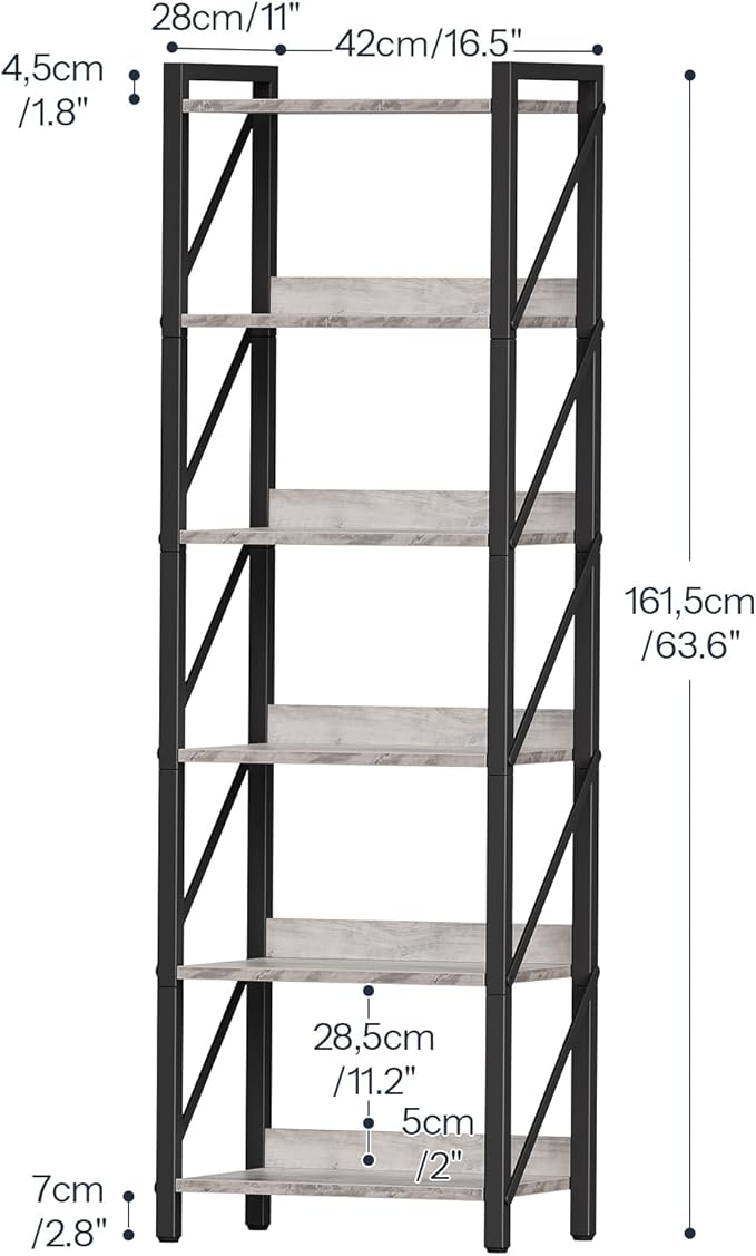 HOOBRO Bookshelf, 6-Tier Industrial Bookcase, Book Shelf Storage Organizer, Tall Bookshelf with Metal Frame for Living Room, Bedroom, Home Office, Kitchen, Greige and Black BG72SJ01