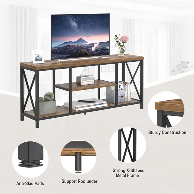 EXCEFUR 55 Inch TV Stand for Televisions up to 65 Inch, Modern Entertainment Center with Storage Shelves, Industrial Media TV Console for Living Room, Bedroom, Rustic Brown