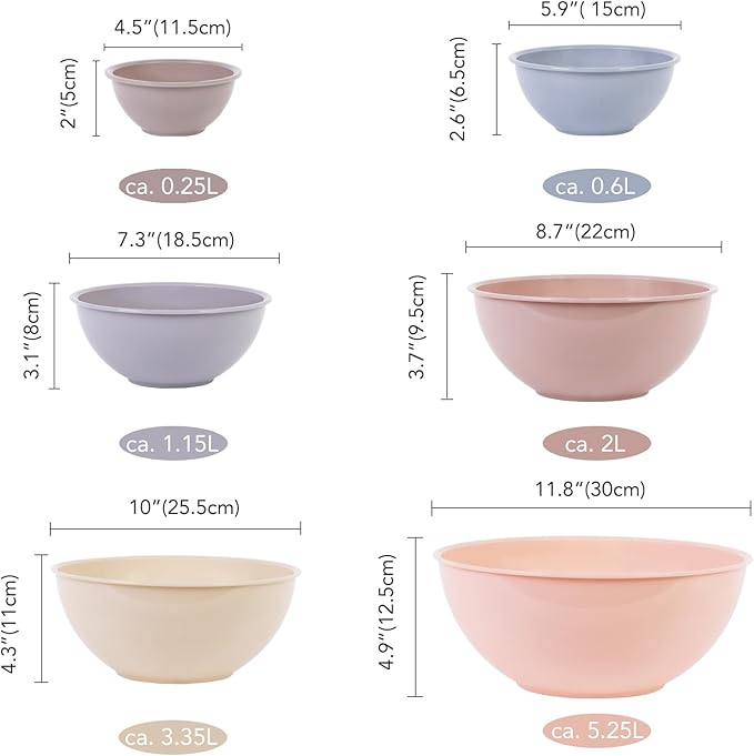BoxedHome BPA Free Plastic Round Mixing Bowl with Lids, 12 Pack Nesting Bowls with Lids Set, Microwave and Dishwasher Safe Prep & Serving Bowls Great for Mixing, Baking, Serving (Khaki Pink, 12pcs)