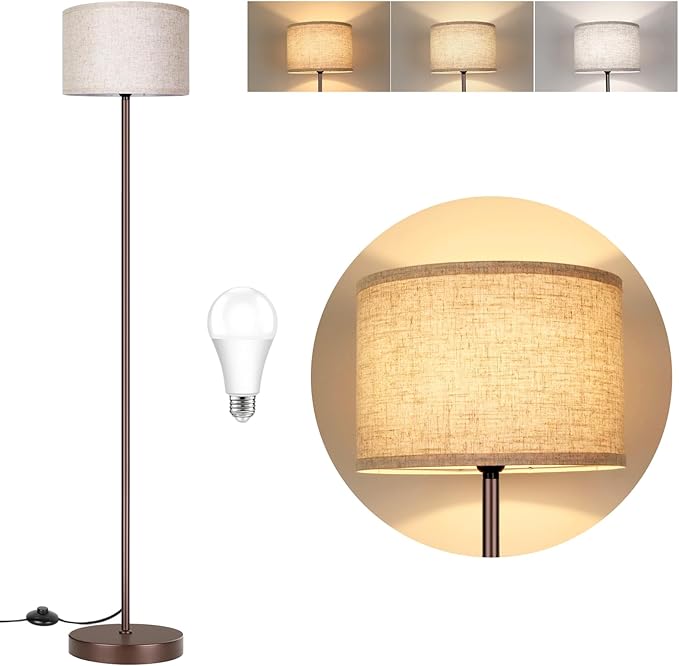 65‘’ Simple Design Floor Lamp with 3CCT 9W LED Bulb, Modern Industrial Standing Lamp for Living Room with Foot Switch, Tall Lamp with Drum Shade, Stand Up Floor Light for Study Bedroom Office, Brown