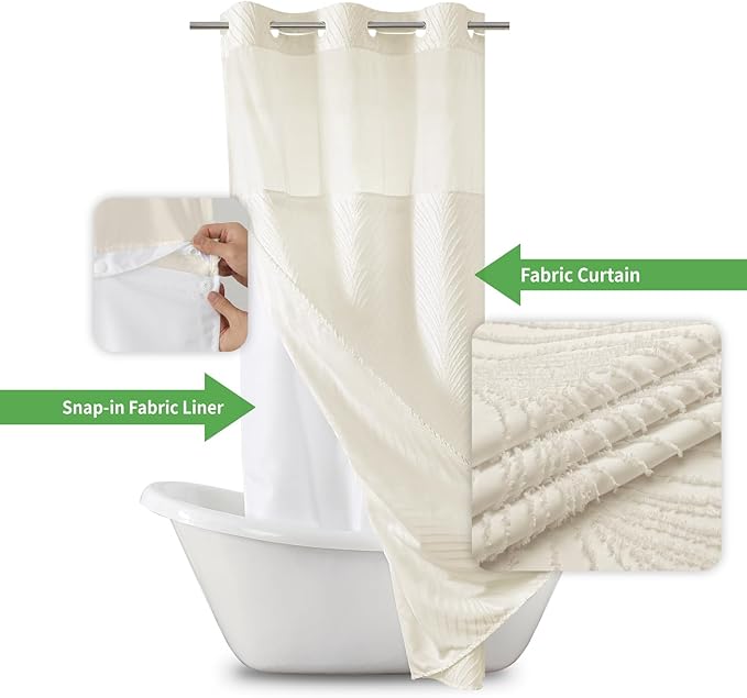 stall no Hook Tufted Shower Curtain with snap in Liner Set, White Waterproof Fabric Inner Liner,Boho Style Shower Curtain with See Through top Window, Cream, 36Wx74H