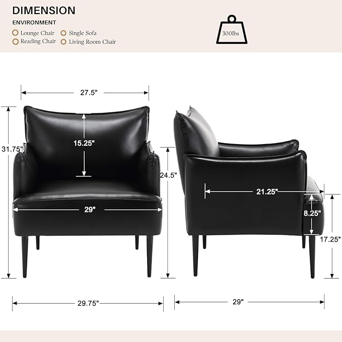 Mid Century Modern Accent Chairs Armchairs Set of 2, Black PU Leather Living Room Chair Sofa Lounge Chair with Metal Legs Reading Chair with Armrest for Bedroom Office Apartment