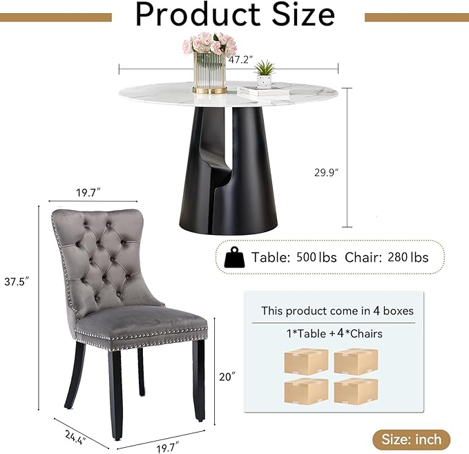 5-Piece Faux Marble Round Dining Table Set for 4, Modern Luxury Kitchen Table Set for 4 with Grey Tufted Chairs,Circle Dining Tables with White Marble Grain Top and Black Pedestal Base