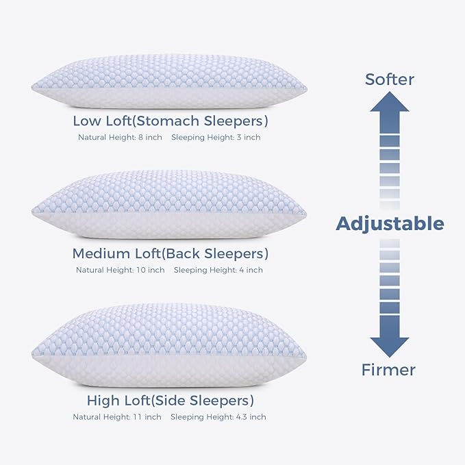 OSBED Adjustable Cooling Shredded Memory Foam Pillows King Size Set of 2 - Temperature-Regulating for Hot Sleepers with Dual Airflow Ventilation(CertiPUR-US & Hypoallergenic & Machine Washable)