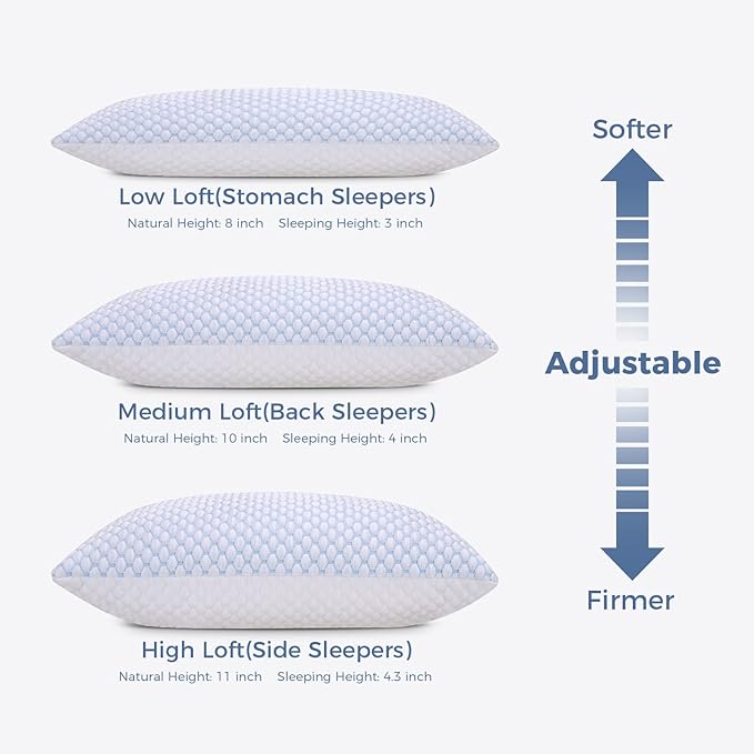 OSBED Cooling Adjustable Shredded Memory Foam Pillows Queen Size Set of 4 - Temperature-Regulating for All Sleepers with Dual Airflow Ventilation(CertiPUR-US & Hypoallergenic & Machine Washable)