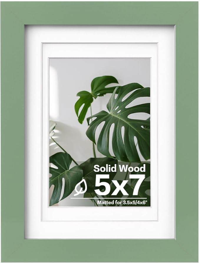 Egofine 5x7 Picture Frame Made of Solid Wood, Covered by Plexiglass Display Pictures 3.5x5/4x6 with Mat or 5x7 Without Mat for Table Top Display and Wall Mounting Photo Frame, Green