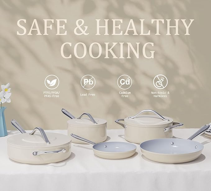 Cookware Set Nonstick Ceramic Pots & Pans Set 8-Piece PFAS-Free Non-Toxic Even Heat Distribution, Fry Pans, Sauté Pan, Saucepan, Stockpot w/Lid for All Stovetops Oven Safe to 500°F, Cream