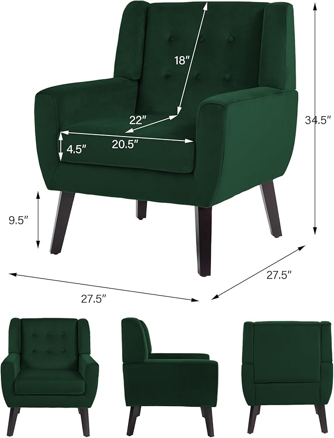 Accent Chair, Modern Velvet Arm Chair for Living Room, Bedroom, Comfy High-Resilient Sponge Reading Chair for Small Spaces （Velvet Retro Green, Set of 1