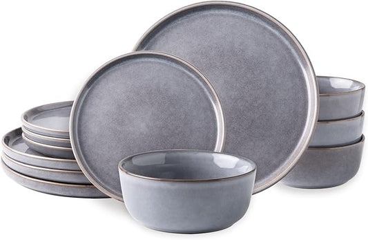 AmorArc Stoneware Dinnerware Sets,Round Reactive Glaze Ceramic Plates and Bowls Set,Highly Chip and Crack Resistant | Dishwasher & Microwave Safe Dishes,Service for 4 (12pc)