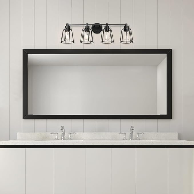 XiNBEi Lighting Farmhouse Vanity Light for Bathroom, 4 Light Industrial Bathroom Lighting Fixtures Over Mirror in Matte Black Finish, Vanity Lights with Cage Shade XB-W1287-4-MB