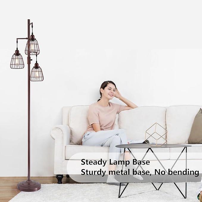 9MMML Dimmable Floor Lamp,Industrial Farmhouse Tall Standing Floor Lamp for Living Room, Bedroom Office,3 Teardrop Cage Lampshade,3 LED Bulbs Inculded. 68'' Tall