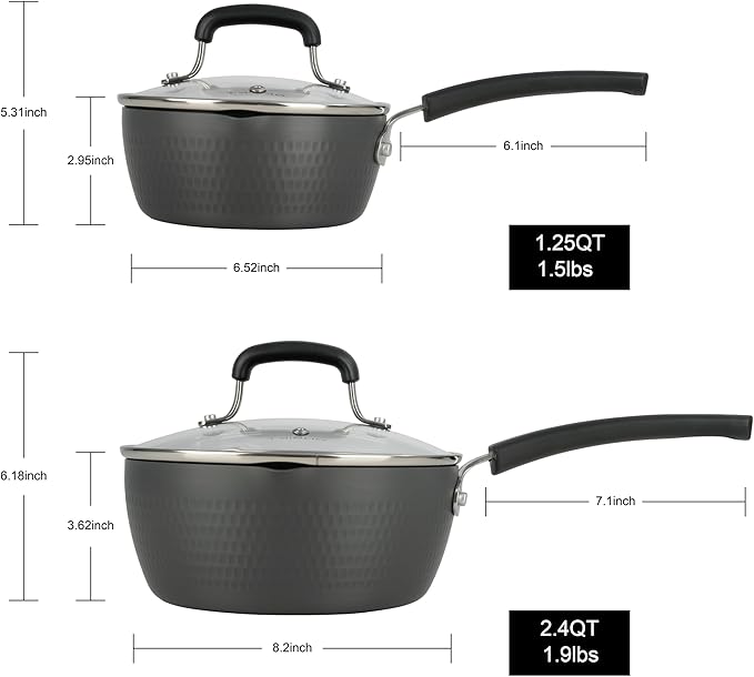 Nonstick Small Sauce Pan with Lid, 1.25 Quart and 1.75 Quart Sauce pan with Pour Spouts, Multipurpose Handy Little Saucepan with Stay Cool Handle, Small Pots for Cooking, Soups, Noodles, Milk