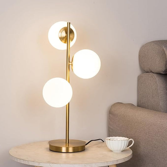 Modern Gold Globe Table Lamp Mid Century 3-Light Desk Lamp with Milk White Glass Shade Metal Base Nightstand Lamp for Bedroom Bedside End Table,G9 Bulb(Not Included)