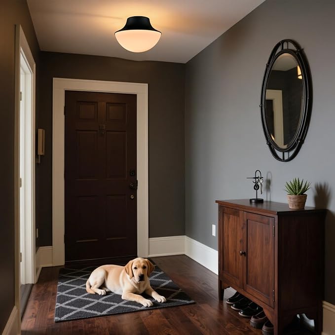 Modern Matte Black Semi Flush Mount Ceiling Light Fixture Industrial Metal Round Bowl Shape Milk Glass Light Fixture Ceiling Mount for Bathroom Bedroom Hallway Office Living Room