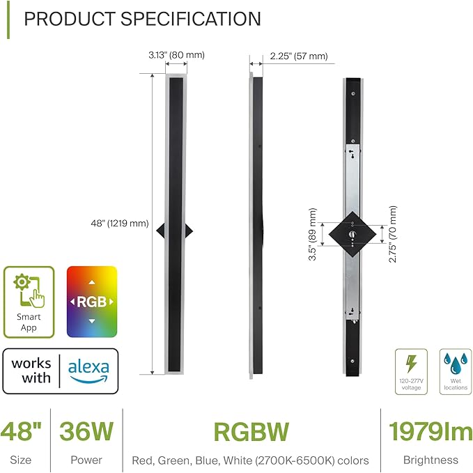 ASD LED 48" Long Wall Mount Light Fixture, Outdoor & Indoor Linear Sconce | RGBW, Smart, Waterproof, Anti-Rust, ETL Listed | 36W 1900LM 2700-6500K 100-277V | Exterior Porch Lighting | Black