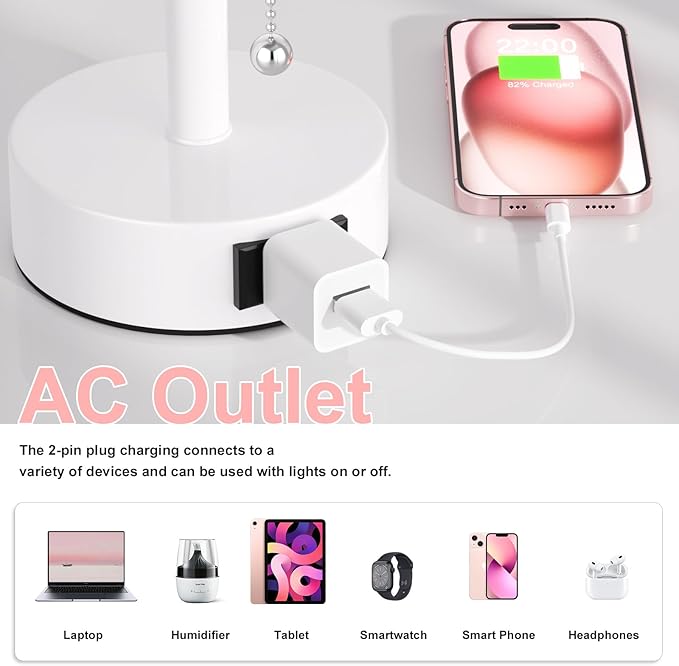 Pink Bedside Table Lamps Set of 2-3 Color Temperatures Pull Chain Lamp with AC Outlet Charging Port, Round Night Stand Lamps for Bedroom Office, Special for Girls