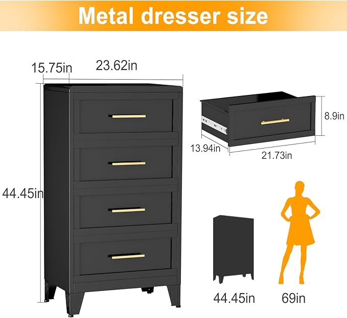 Metal Dresser Tall Narrow Dresser for Bedroom Chest, 44.45" H Drawer Chest, Closet Dressers & Chests of Drawers for Living Room, Hallway (4 Drawers Black 24inch Wide)
