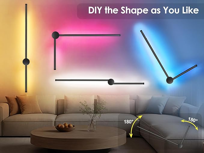 39.4 Inch Battery Operated Wall Sconce, 12000mAh Rechargeable Wall Sconce with Remote Control, Dimmable LED Wireless Wall Light for Bedroom, Living Room, 15 Colors, 180° Rotate, Black, 1 Pack