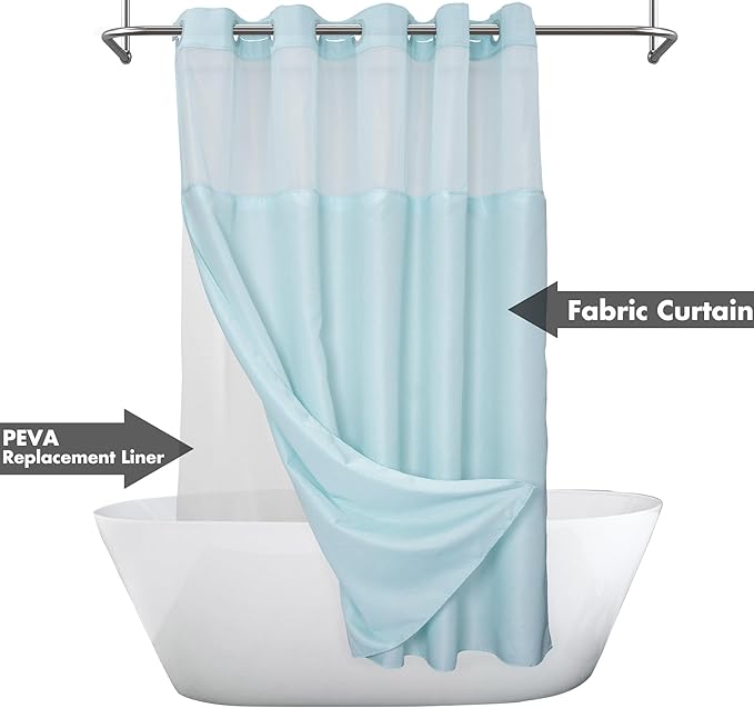 No Hook Slub Textured Shower Curtain with Snap-in PEVA Liner Set - 71" x 74"(72"), Hotel Style with See Through Top Window, Machine Washable & Water Repellent, Blue, 71x74
