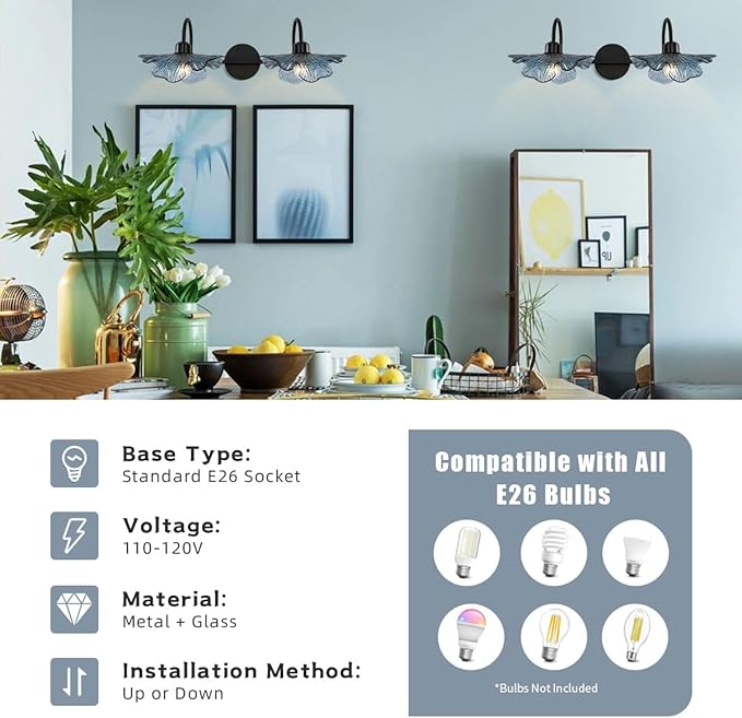 Bathroom Lights fixtures Matte Black Wall Sconce 2 Light Vanity Light Bathroom Wall Sconce Light Vintage Wall lamp Blue Glass Art Deco Vanity Lights Over Mirror for Bedroom Hallway Living Room