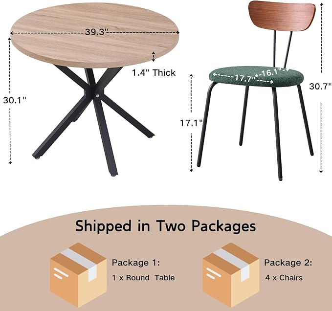 39" Round Dining Table Set for 4, Mid Century Kitchen Table with 4 Stackable Dining Chairs for Apartment Living Room Space Saving