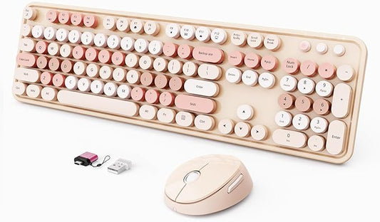 Wireless Keyboard and Mouse Combo, Ergonomic Full Size Typewriter Retro Round Keycaps Keyboard, Compatible with Windows, PC, Perfer for Home and Office Keyboards (Chocolate Color)