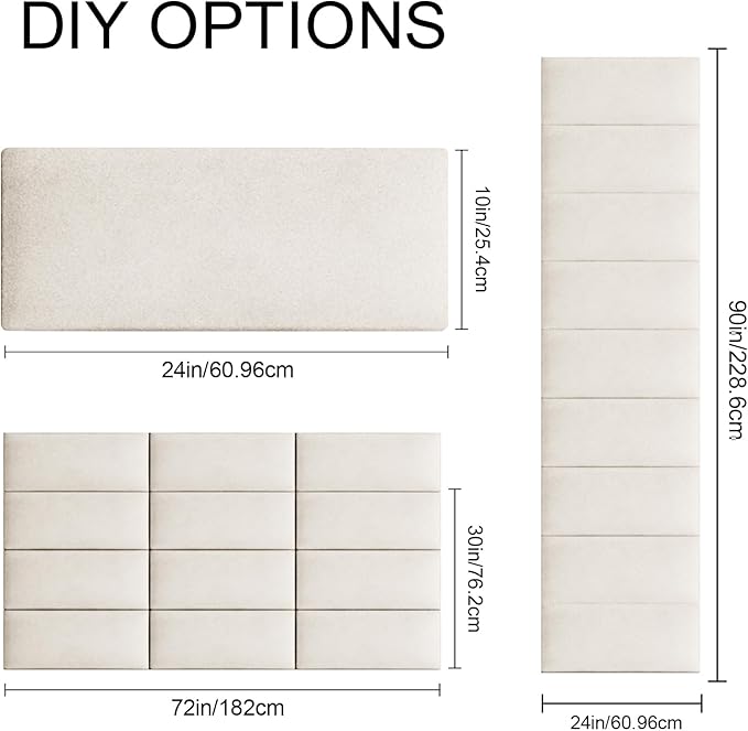 Upholstered Wall Mounted Headboard, 3D Soundproof Wall Panels Peel and Stick Headboard for Queen Size, Headboard for Adjustable Bed, Tufted Headboard, Ivory White(9 Panels, 10" x 24")