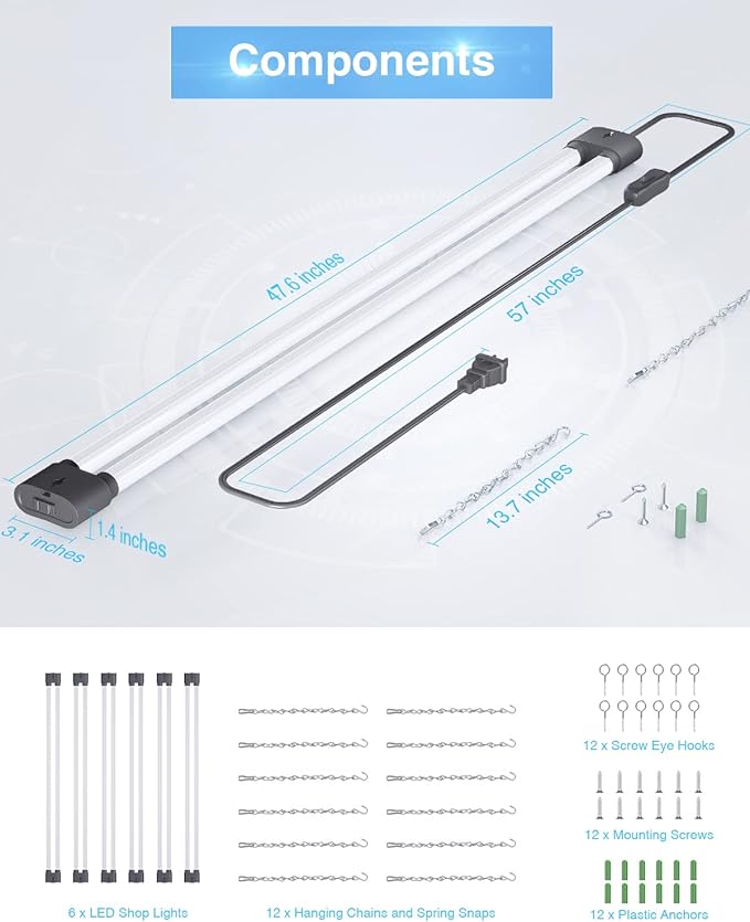 Ensenior 6 Pack Linkable Led Shop Light 4ft for Garage, 4400 High Lumens, 36W Equivalent 280W, 5000K Daylight, 48 Inch Utility Shop led Lights, Surface or Hanging Mount Fixtures, Black, ETL Certified