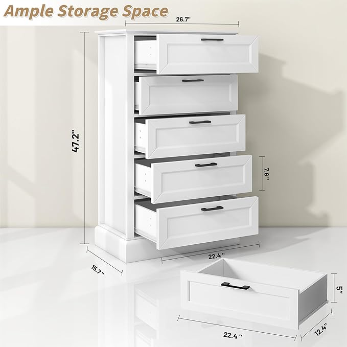 White Dresser with 5 Drawers, Vertical Storage for Bedroom, Wood Tall Dresser for Hallway, Wooden Tall Chest of Drawers for Entryway, Nursery, Lingerie Chest Drawer, Modern Farmhouse Style