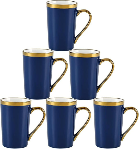 Coffee Mugs,12OZ Ceramic Coffee Mugs Set of 6,Cups with Large Handles for Men Women, Porcelain Big Mug for Tea Latte, Housewarming Wedding Gifts (blue and gold)