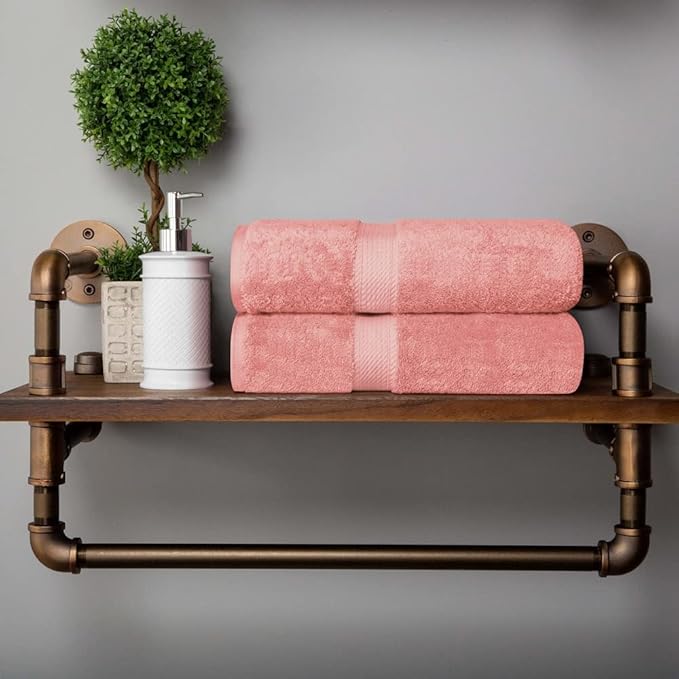 Superior Egyptian Cotton Pile Bath Towel Set of 2, Ultra Soft Luxury Towels, Thick Plush Essentials, Absorbent Heavyweight, Guest Bath, Hotel, Spa, Home Bathroom, Shower Basics, Tea Rose