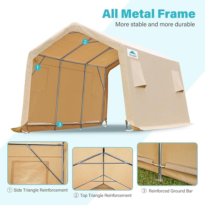 ADVANCE OUTDOOR 10x15 ft Shelter Storage Shed Steel Metal Peak Roof Portable Garage Carports for Motorcycle, Boat or Garden Tools with 2 Roll up Doors & Vents, Beige