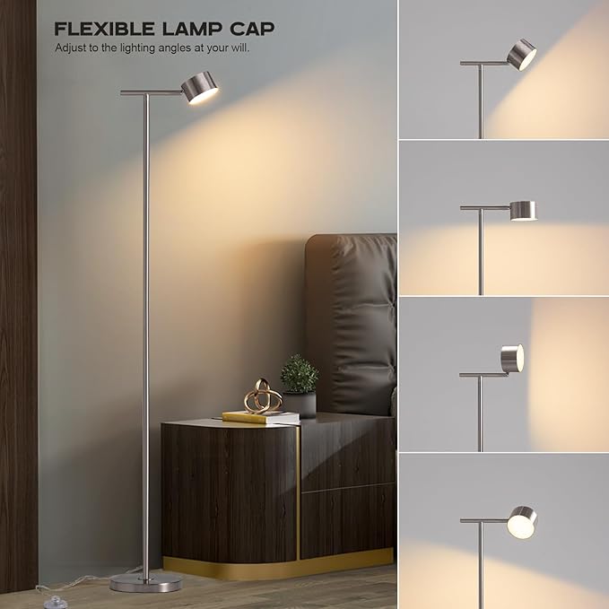 Floor Lamp for bedroom, 3 Color Temperatures Floor Reading Lamp with Flexible Lamp Cap, Modern Bedroom Floor Lamps for Living Room, Simple Design Standing Lamp for Office Working Study Silver