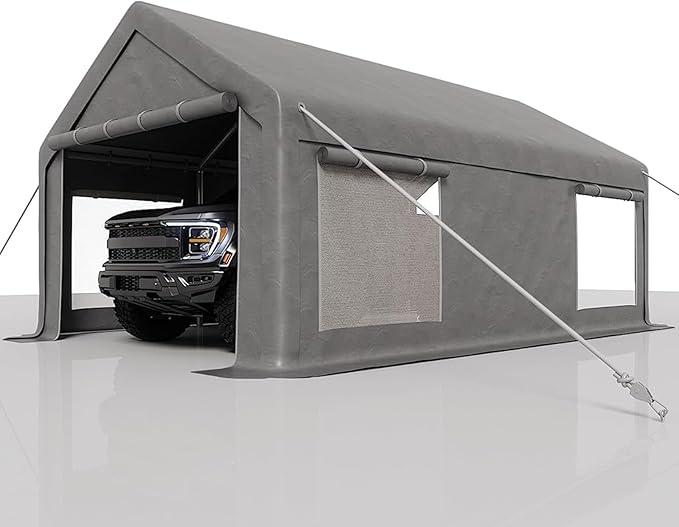 13 x 25FT Heavy Duty Carport with Roll-Up Windows, Portable Garage with Removable Sidewalls & Doors, Portable Car Tent Garage with Roll-Up Windows and All-Season Tarp, for Car, Truck,