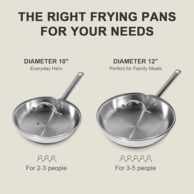 DELUXE Stainless Steel Frying Pan Set 4-Pieces, 10" and12 Skillet with Lid and Stay-Cool Handle, PFOA Free Stainless Steel Pan Suitable with Induction Gas Stoves, Dishwasher&Oven Safe