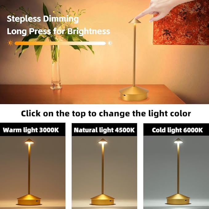 Modern Cordless Table Lamp, 6000mAh Rechargeable Table Lamps, Portable Touch LED Lamp, Outdoor Waterproof Dimmable Cordless Rechargeable Table Lamps for Restaurant/Patio/Outdoor (1 Pcs Gold)