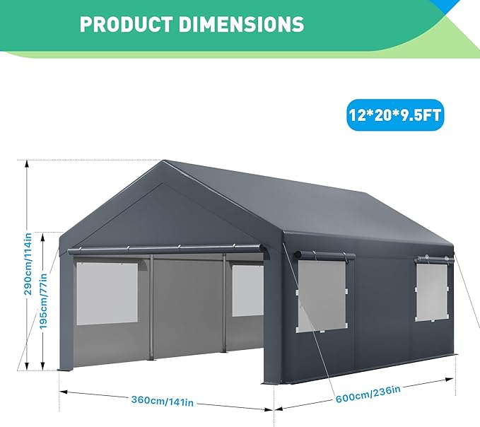 12x20 FT Heavy Duty Carport, Portable Garage with Sidewalls, Roll-up Windows, Carports 10x20 Heavy Duty for Car Boat Truck Motorcycle (Gray)