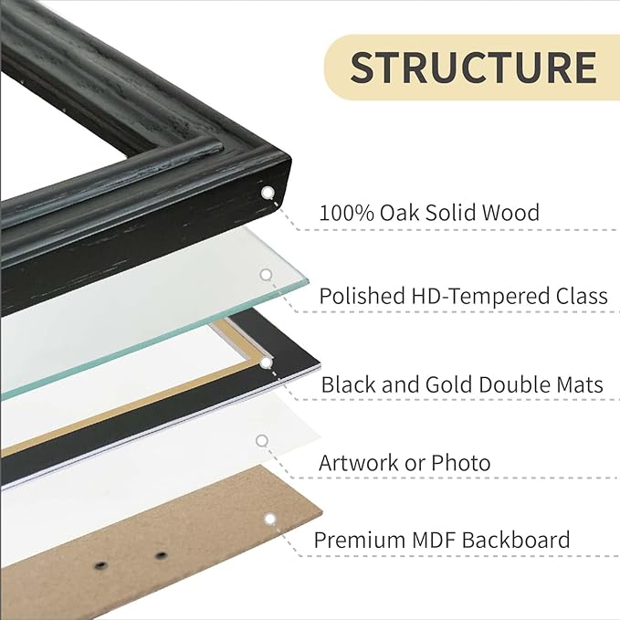 11x14 Picture Frame for Wall Hanging Solid Oak Wood, 8x10 Picture Frame with Mat,11x14 Premium Photo Frame with Real HD Tempered Glass,Ideal for Home Decor, Art Gallery,Black, 1 Pack