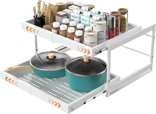 2-Tier Expandable Pull Out Cabinet Organizer, 16.9" Deep Heavy-Duty Slide Rail Slide Out Drawer Organizers with Adhesive Nano Film for Pots, Roll out Shelf Storage for Kitchen & Pantry Storage,White