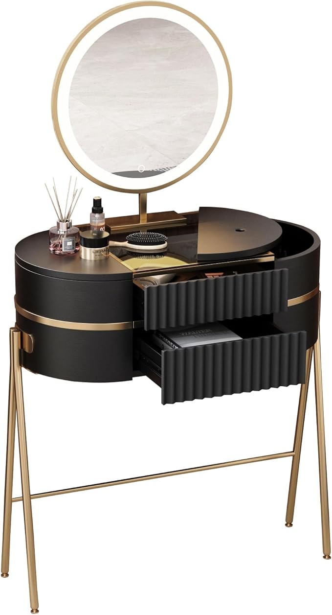Makeup Vanity with Mirror and Lights - with LED Mirror,Very Easy to Assemble,Glass Top for Bedroom,Stainless Steel Foot