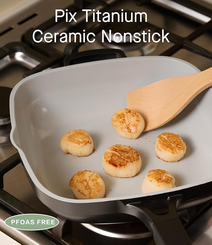 10.5 Inch(3.8QT) Ceramic Pan with Lid,Non Stick Frying Pans Cast Aluminum Deep Sauté Pans,Ti-Ceramic Non Toxic Pix Pan with Wooden Spatula and Scrubber-Midnight Hearth