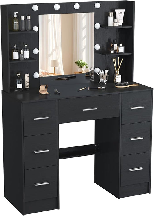 Vanity Desk with Mirror and Lights, Large Makeup Vanity Table Set with Drawers, Black Vanity with Lighted Mirror for Bedroom, Dressing Table for Teen Girls and Adult Women