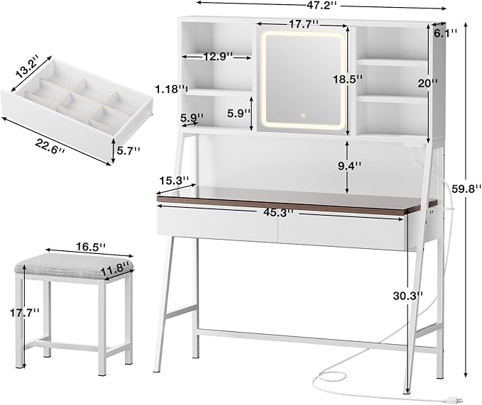 Vanity Desk with Mirror and Lights, 47inch Makeup Table with 3 Color Modes, Large Vanity Desk with Power Outlet, Light Strip, 2 Drawers, 8 Shelves, Cushioned Stool for Bedroom, White